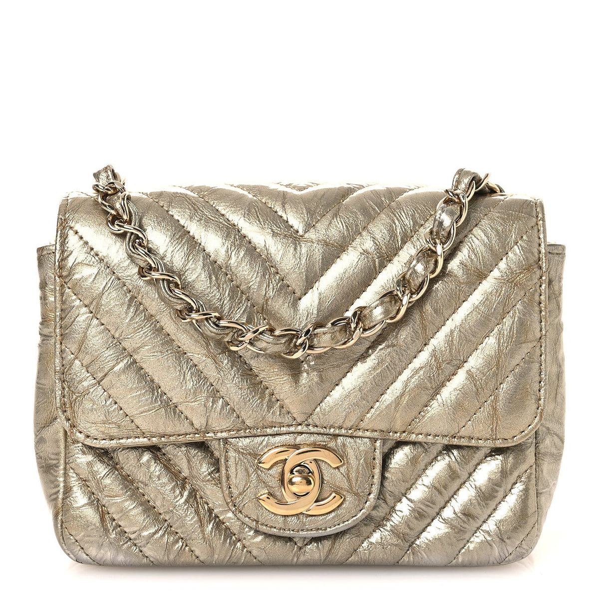 Metallic Crumpled Calfskin Chevron Quilted Mini Square Flap Gold