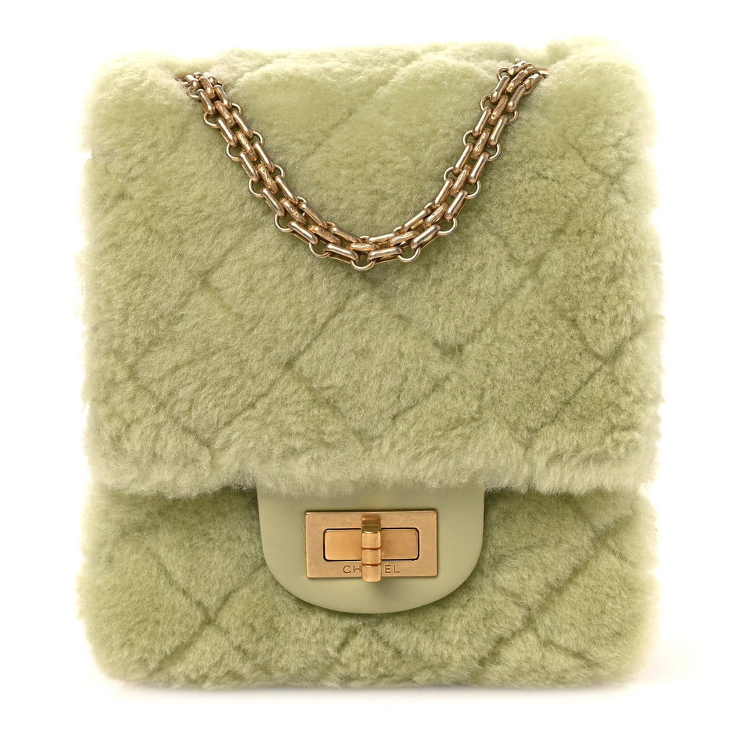 Shearling Aged Calfskin Quilted 2.55 Reissue Mini North South Flap Green