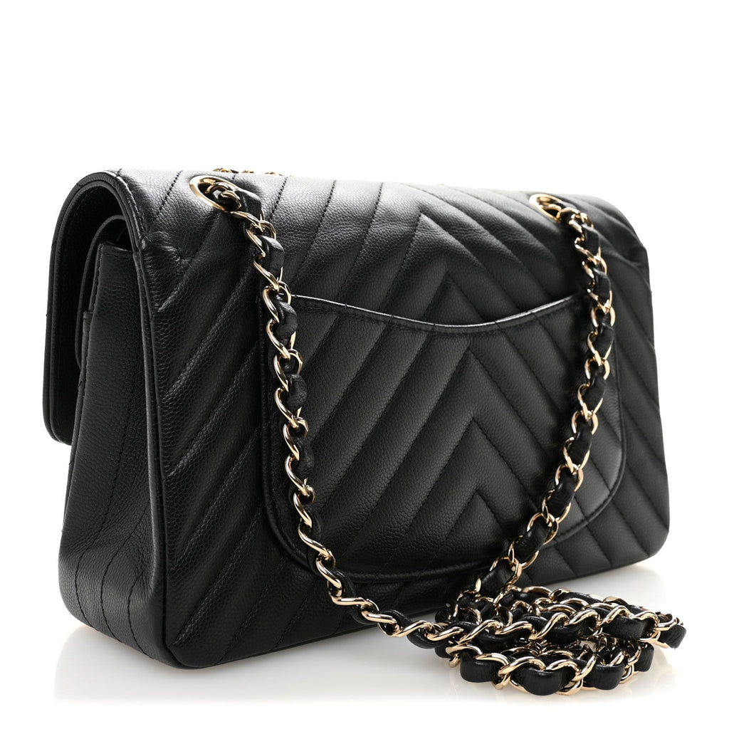 Caviar Flat Chevron Quilted Small Double Flap Black