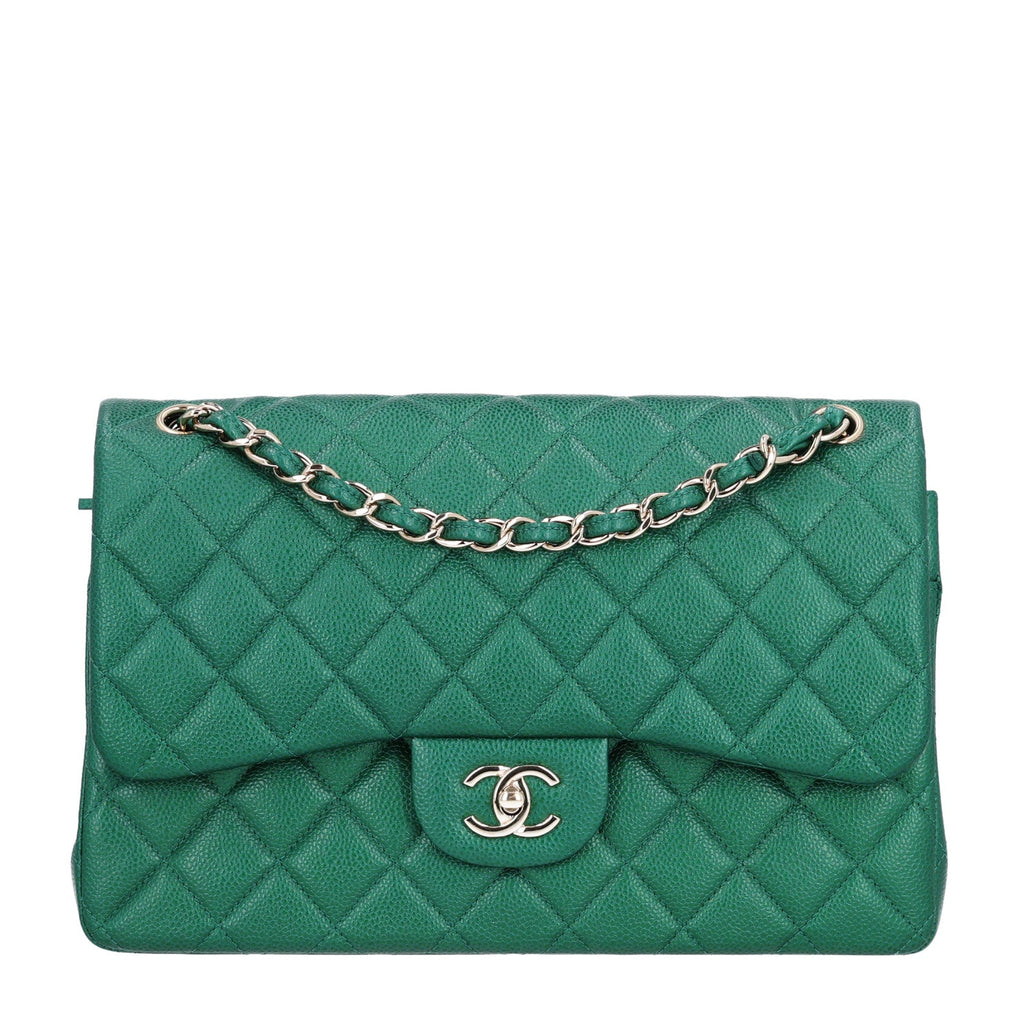 Metallic Caviar Quilted Jumbo Double Flap Green