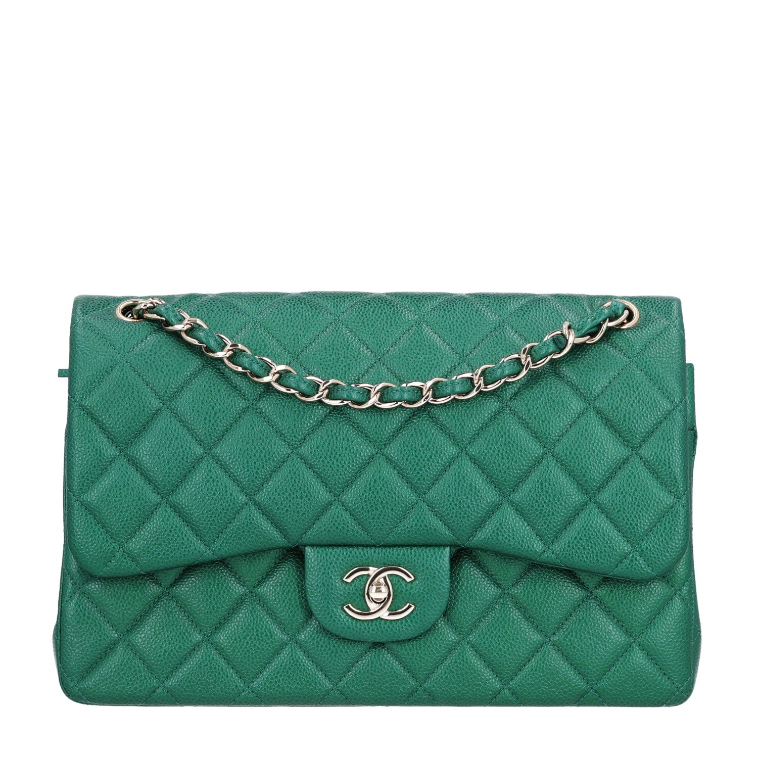 Metallic Caviar Quilted Jumbo Double Flap Green
