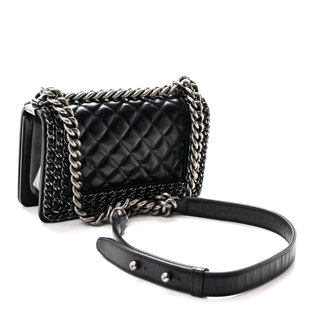 Glazed Calfskin Quilted Small Boy Chained Flap Navy