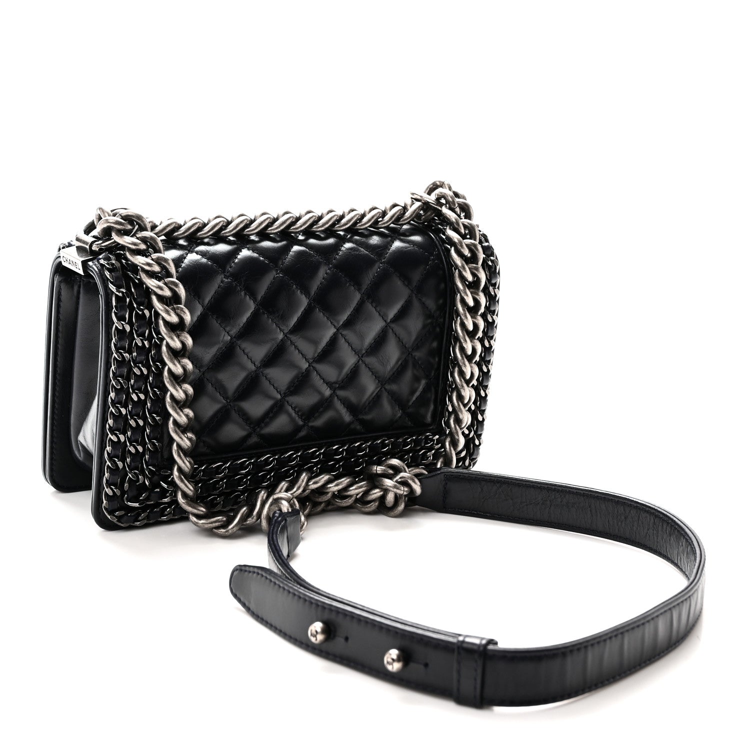 Glazed Calfskin Quilted Small Boy Chained Flap Navy