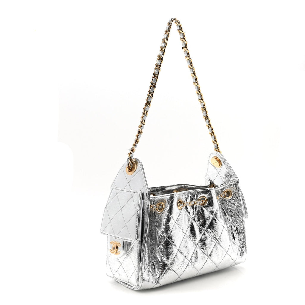 Metallic Aged Calfskin Quilted Mini Chanel 25 Handbag Silver