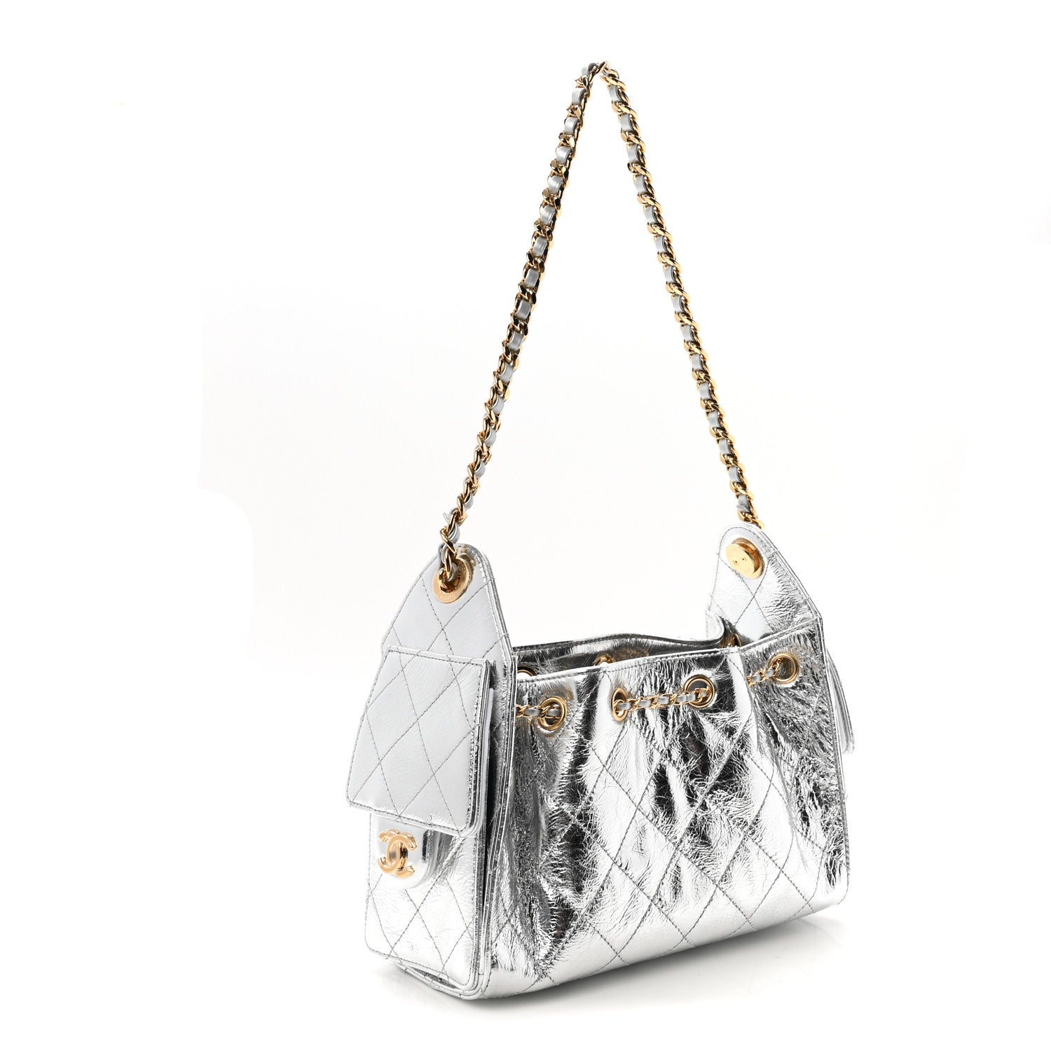 Metallic Aged Calfskin Quilted Mini Chanel 25 Handbag Silver