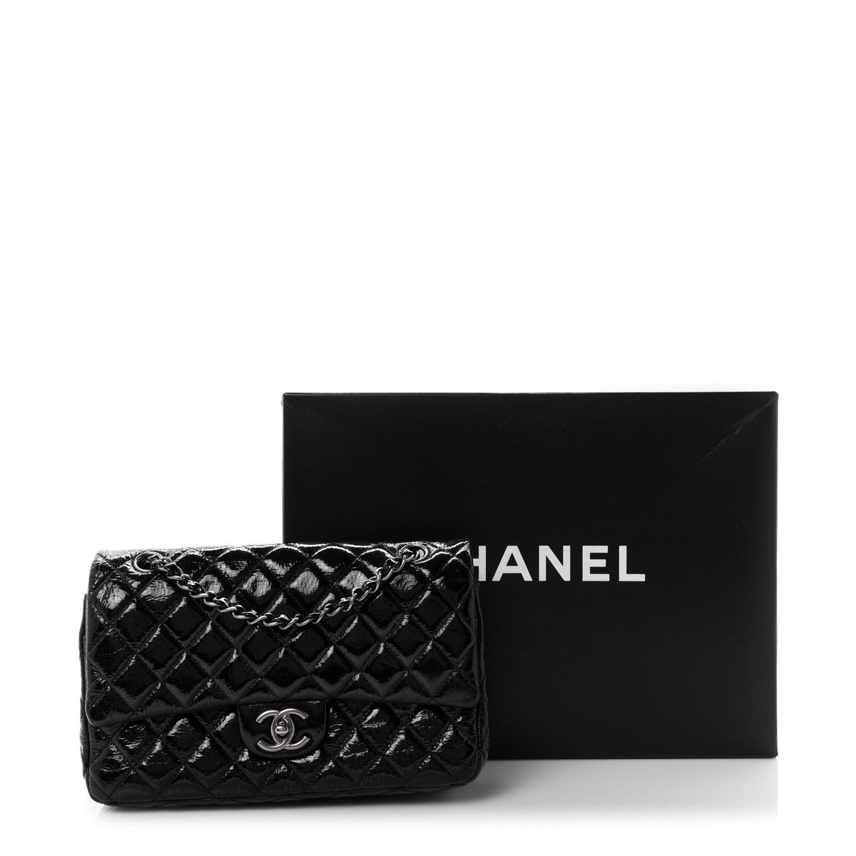 Crumpled Patent Quilted Medium Double Flap Black