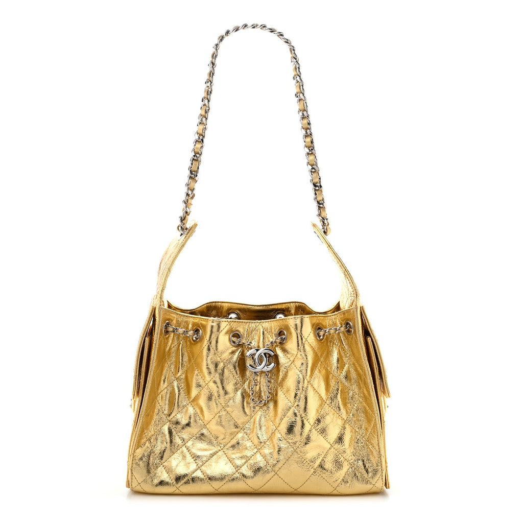 Metallic Aged Calfskin Quilted Small Chanel 25 Handbag Gold