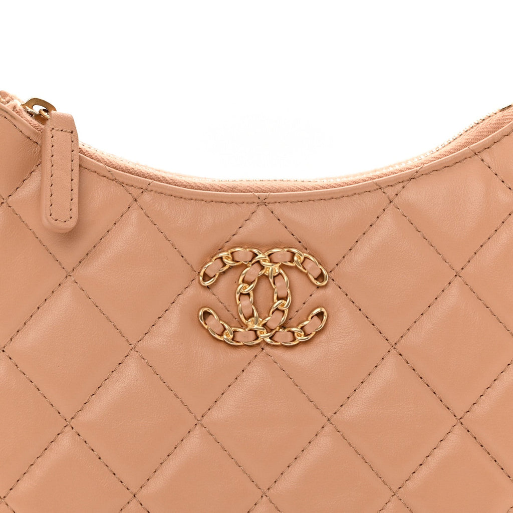 Aged Calfskin Quilted Small Chanel 19 Hobo  Beige