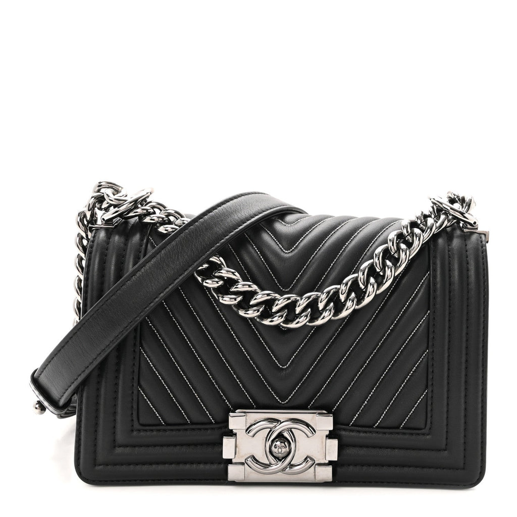 Calfskin Chain Chevron Small Boy Flap Black