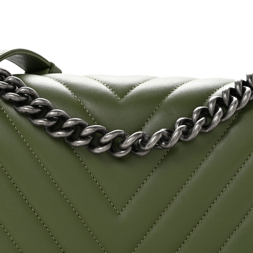 Calfskin Chevron Quilted Medium Boy Flap Dark Green