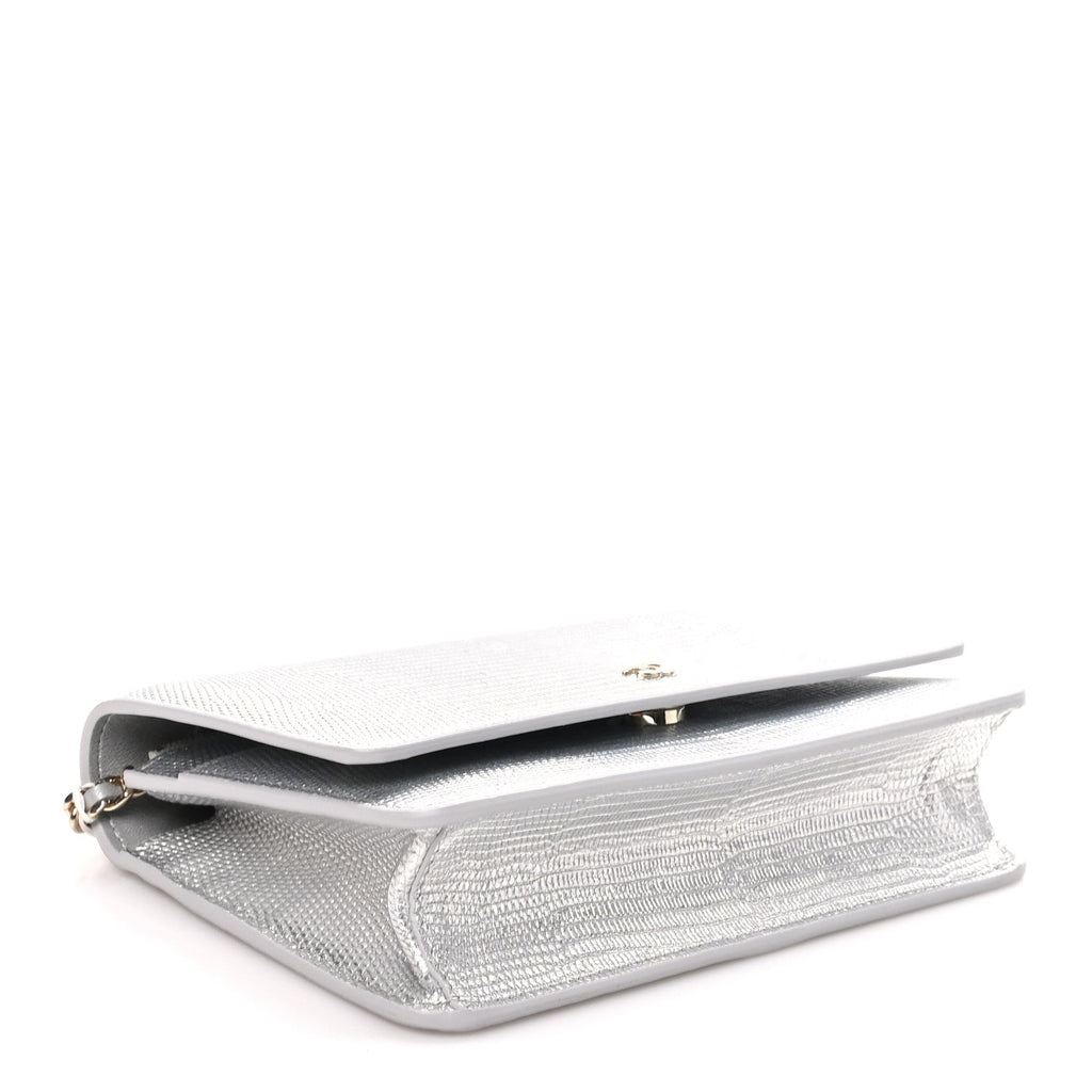 Calfskin Lizard Embossed Wallet on Chain WOC Silver