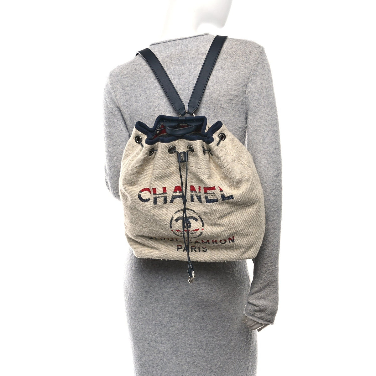 Striped Canvas Large Deauville Backpack Beige