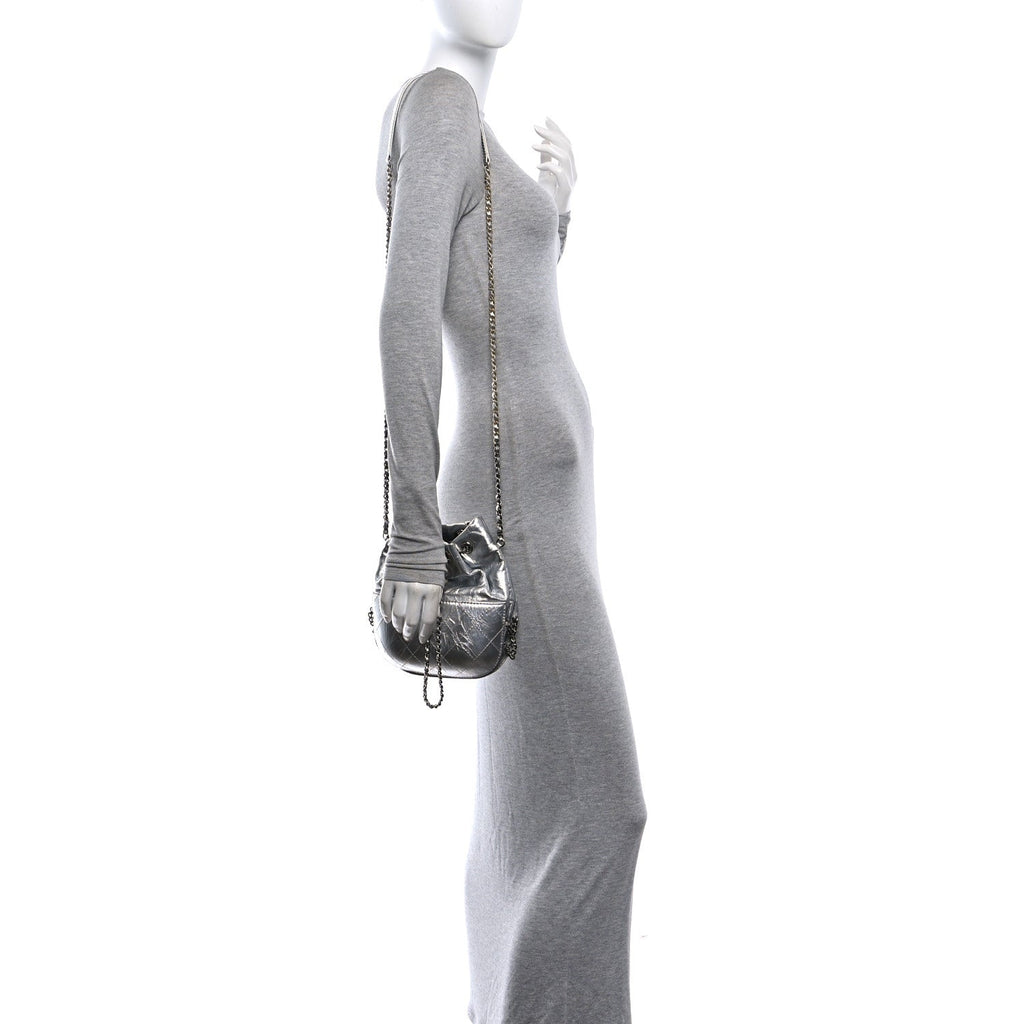 Metallic Aged Calfskin Quilted Small Gabrielle Bucket Silver