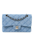 Printed Denim Quilted Small Double Flap Light Blue