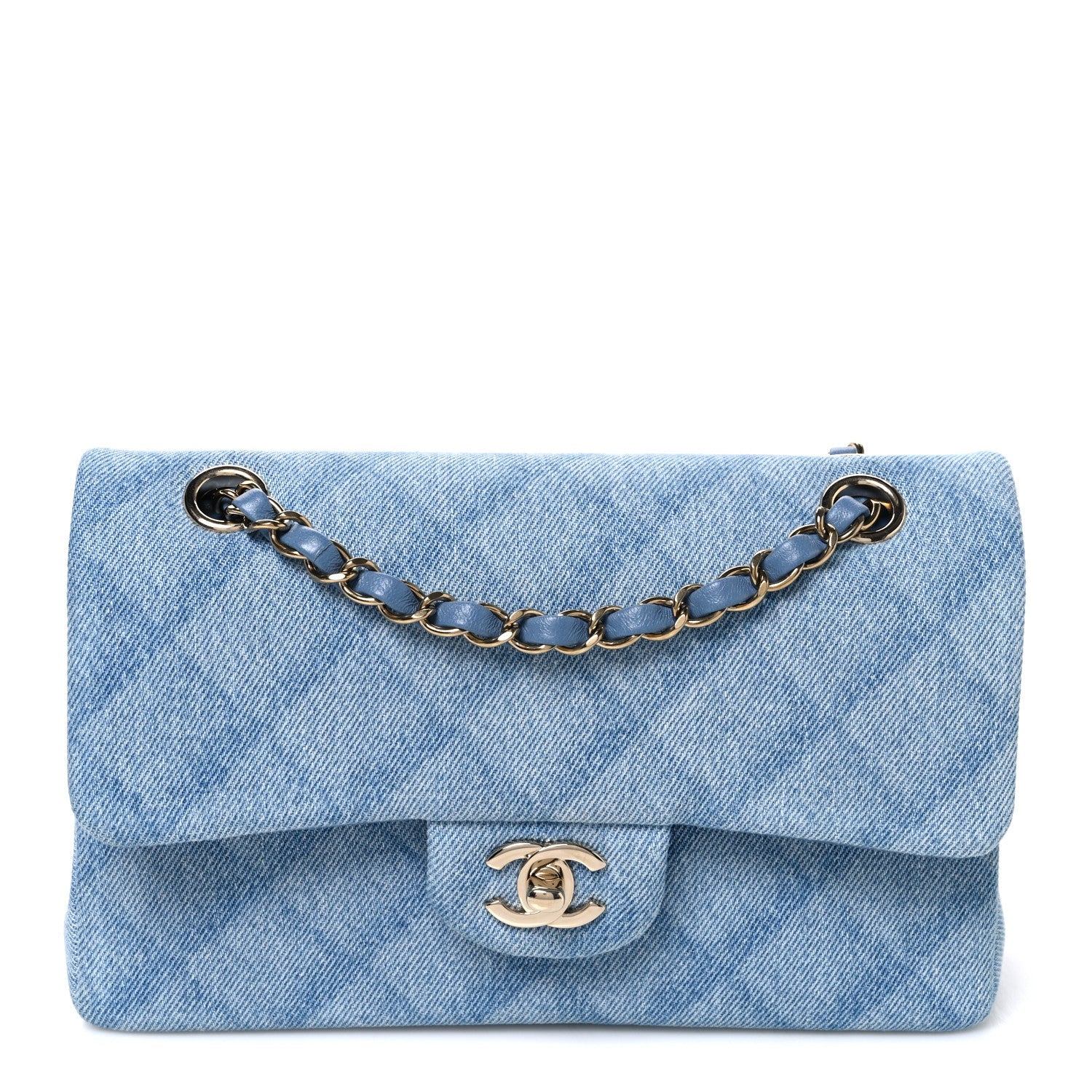 Printed Denim Quilted Small Double Flap Light Blue