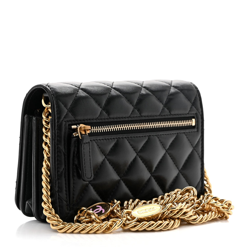 Lambskin Resin Quilted Mini Wallet On Chain WOC Black