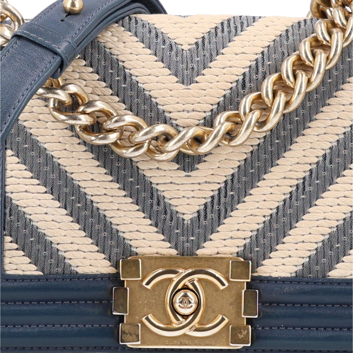 Fabric Chevron Braided Small Boy Flap Blue Ivory