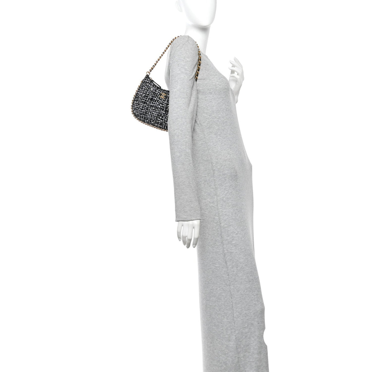 Tweed Sequin Quilted Trendy Chain Around Hobo Black White