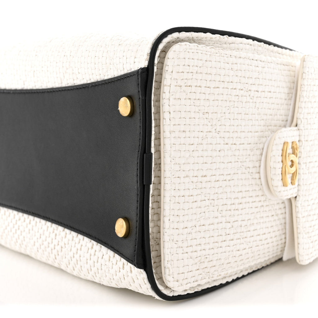 Braided Raffia Calfskin Quilted Small Chanel 25 Handbag White Black