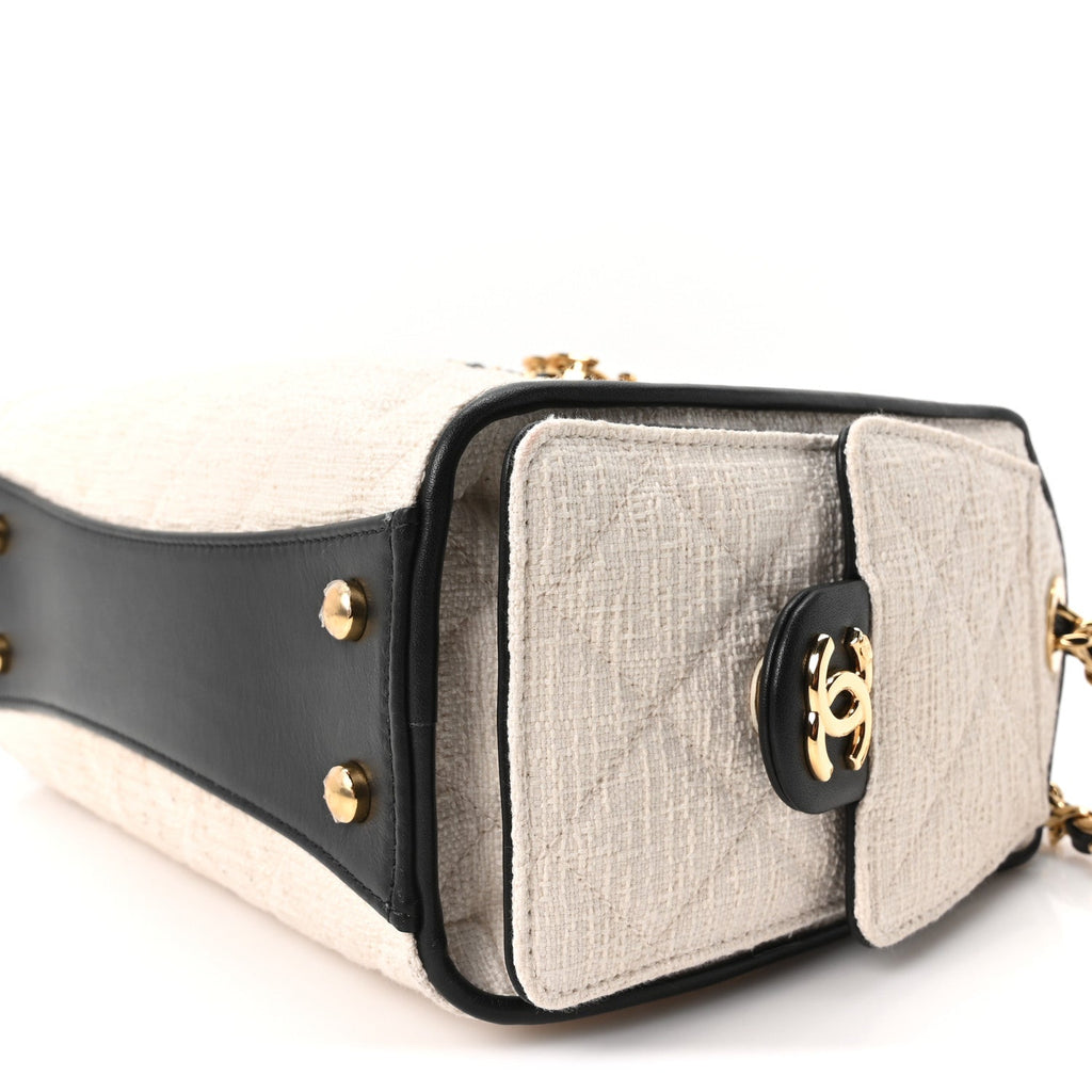 Canvas Calfskin Quilted Mini Chanel 25 Handbag Ecru Black