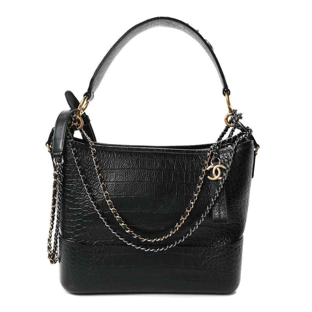 Crocodile Embossed Calfskin Medium Gabrielle Cocodile Hobo Black