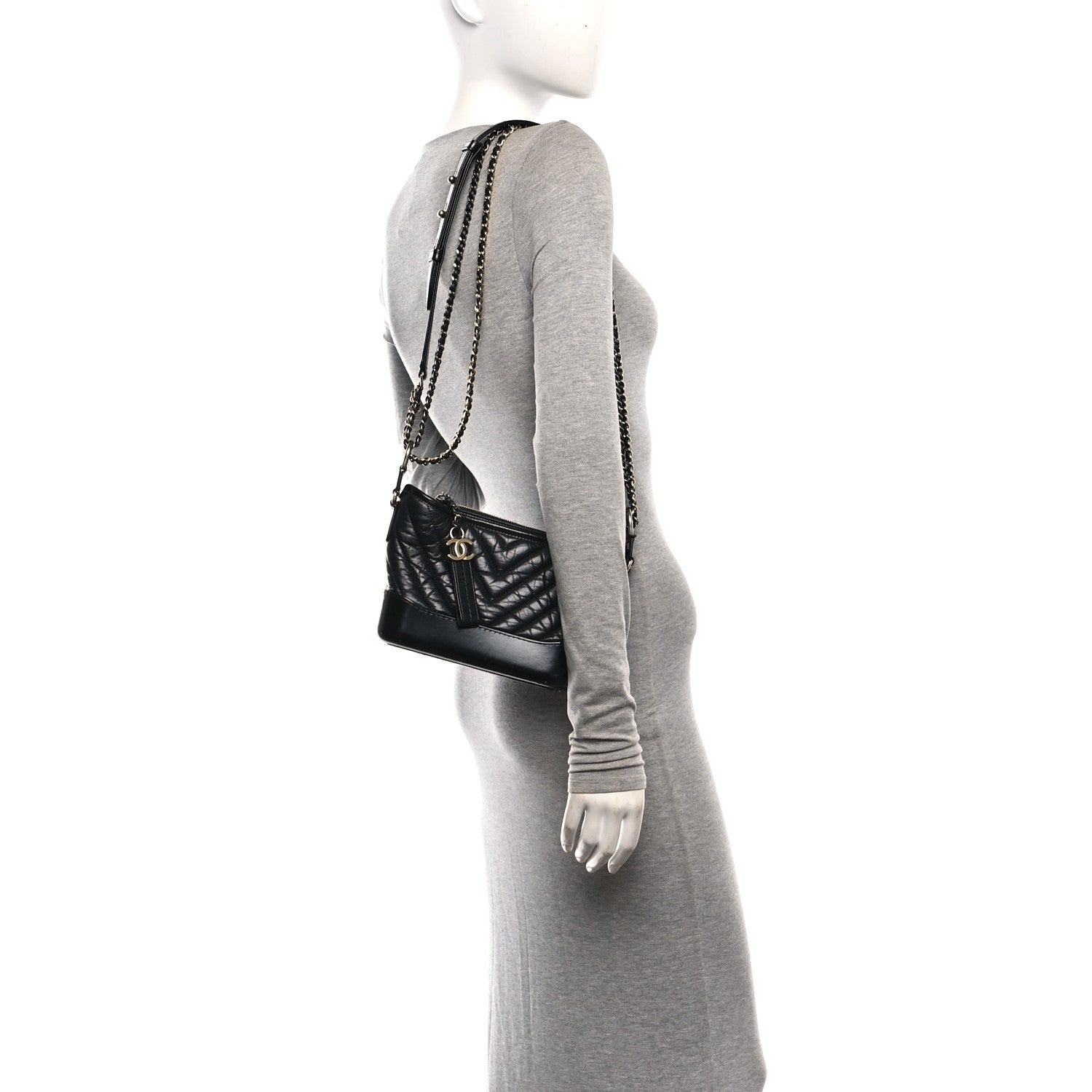 Aged Calfskin Chevron Quilted Small Gabrielle Hobo Black