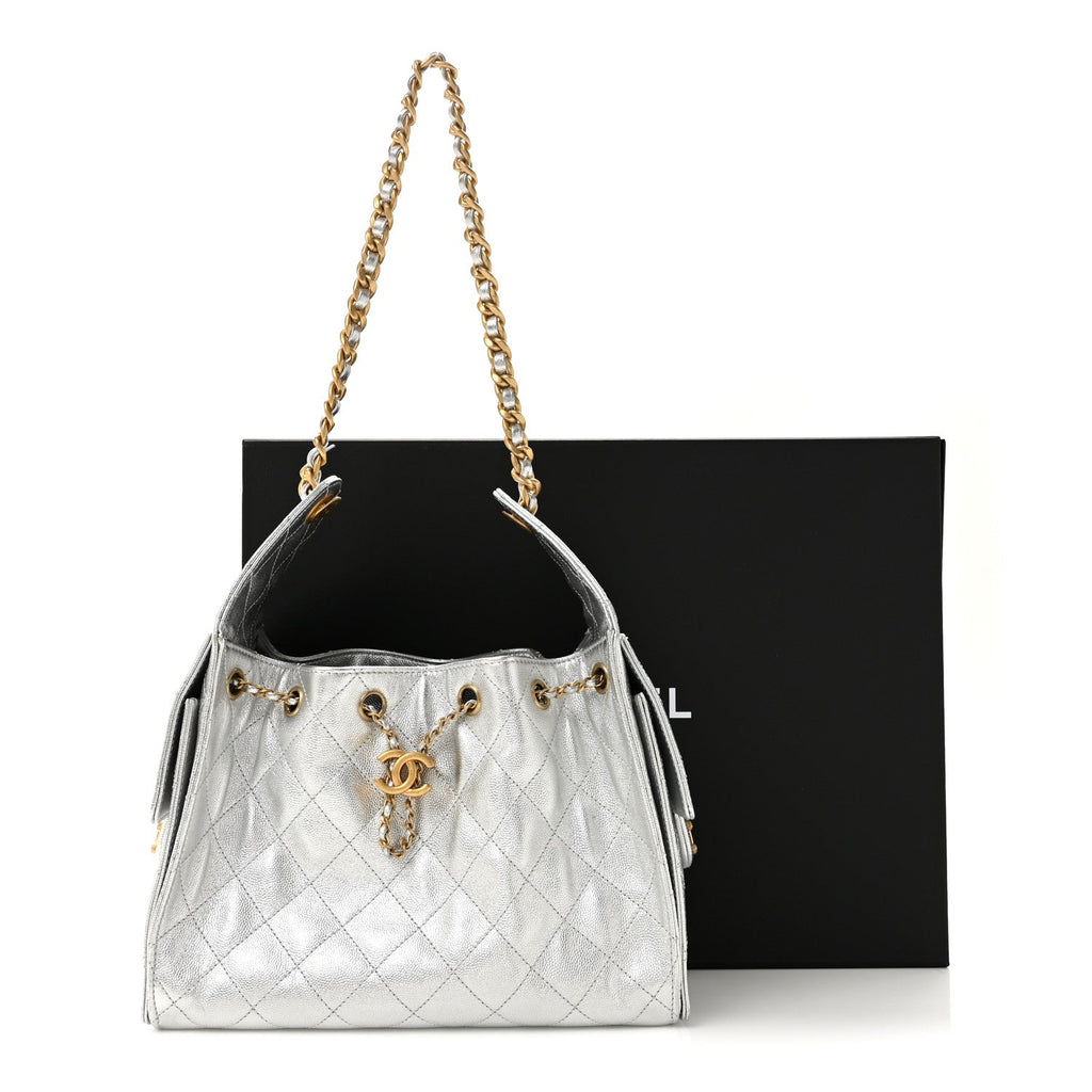 Metallic Caviar Quilted Small Chanel 25 Handbag Silver