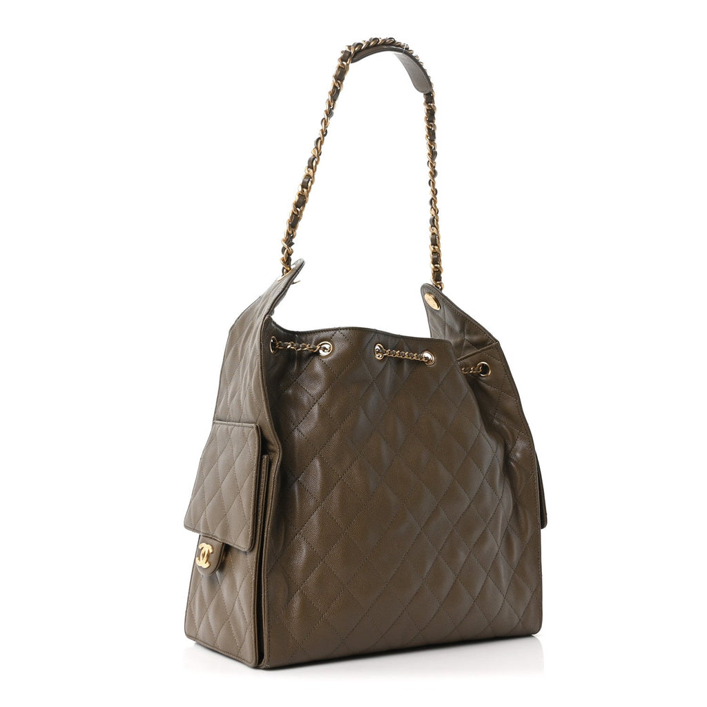 Caviar Quilted Medium Chanel 25 Handbag Dark Khaki