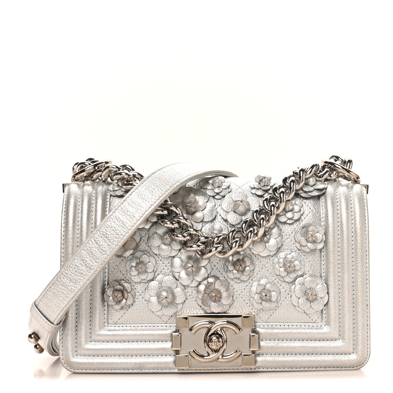 Metallic Calfskin Camellia Quilted Small Boy Flap Silver