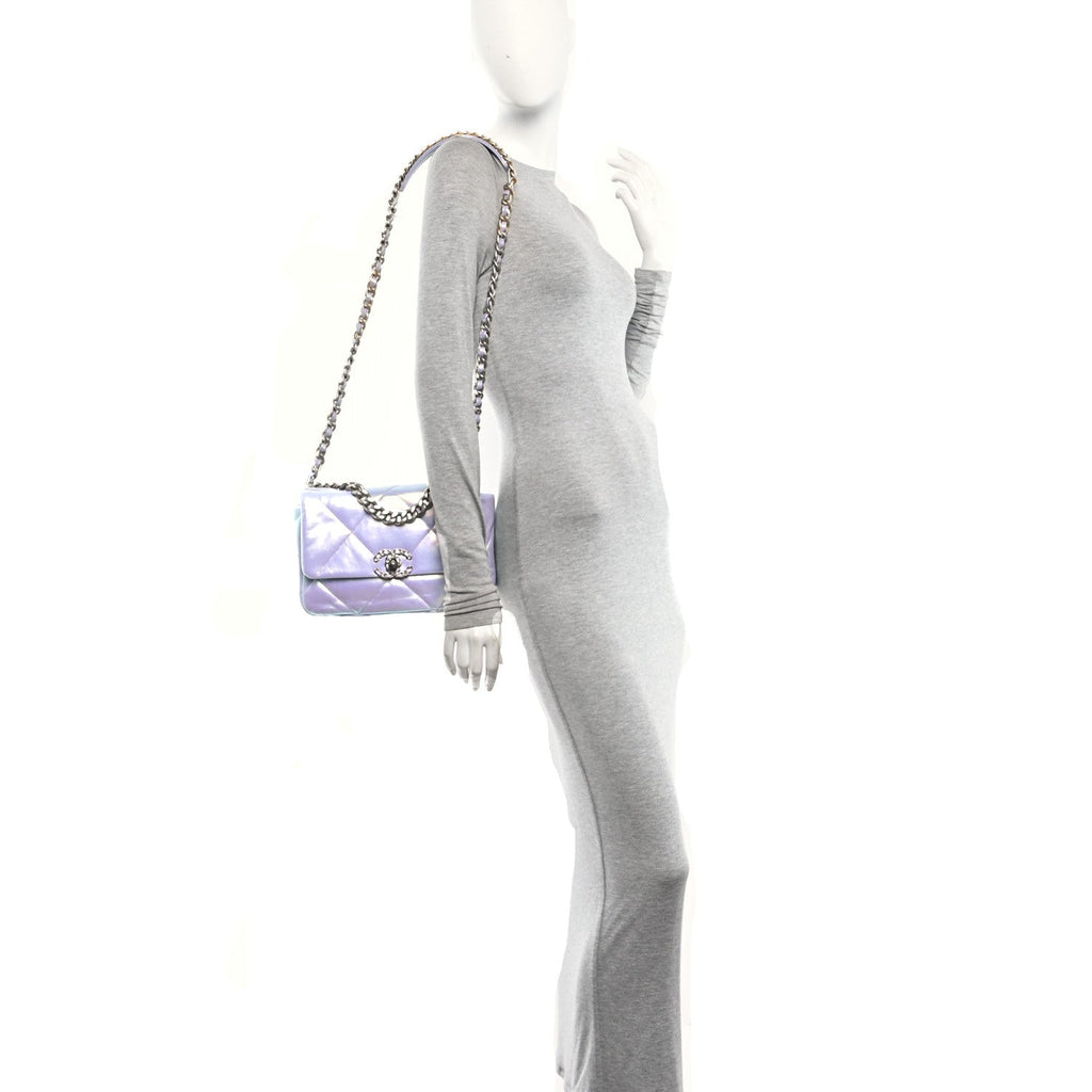 Iridescent Calfskin Quilted Medium Chanel 19 Flap Light Purple Blue