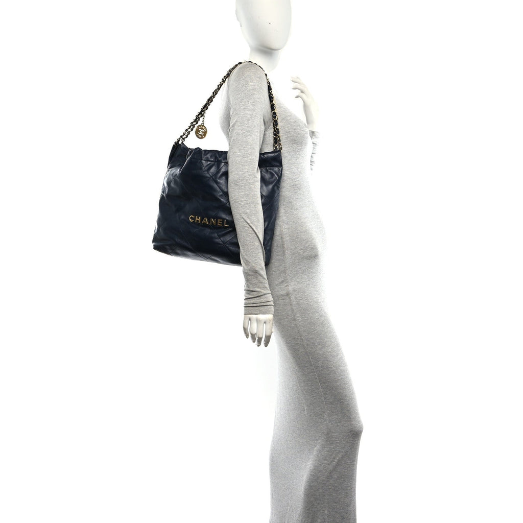 Shiny Calfskin Quilted Small Chanel 22 Navy