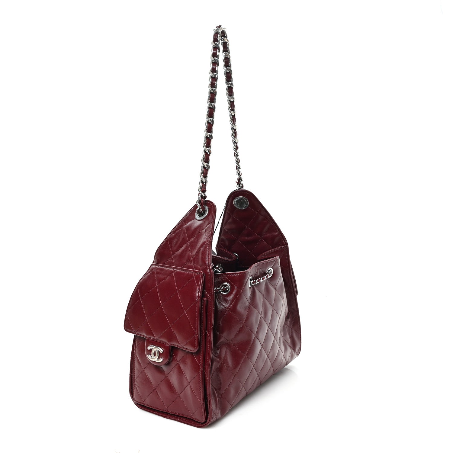 Shiny Crumpled Calfskin Quilted Small Chanel 25 Handbag Burgundy