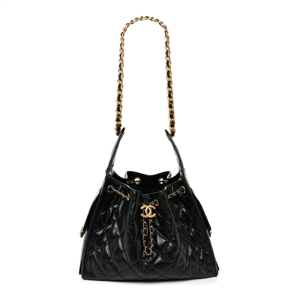 Shiny Crumpled Calfskin Quilted Small Chanel 25 Handbag Black