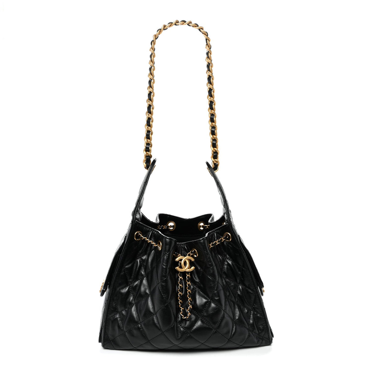 Shiny Crumpled Calfskin Quilted Small Chanel 25 Handbag Black