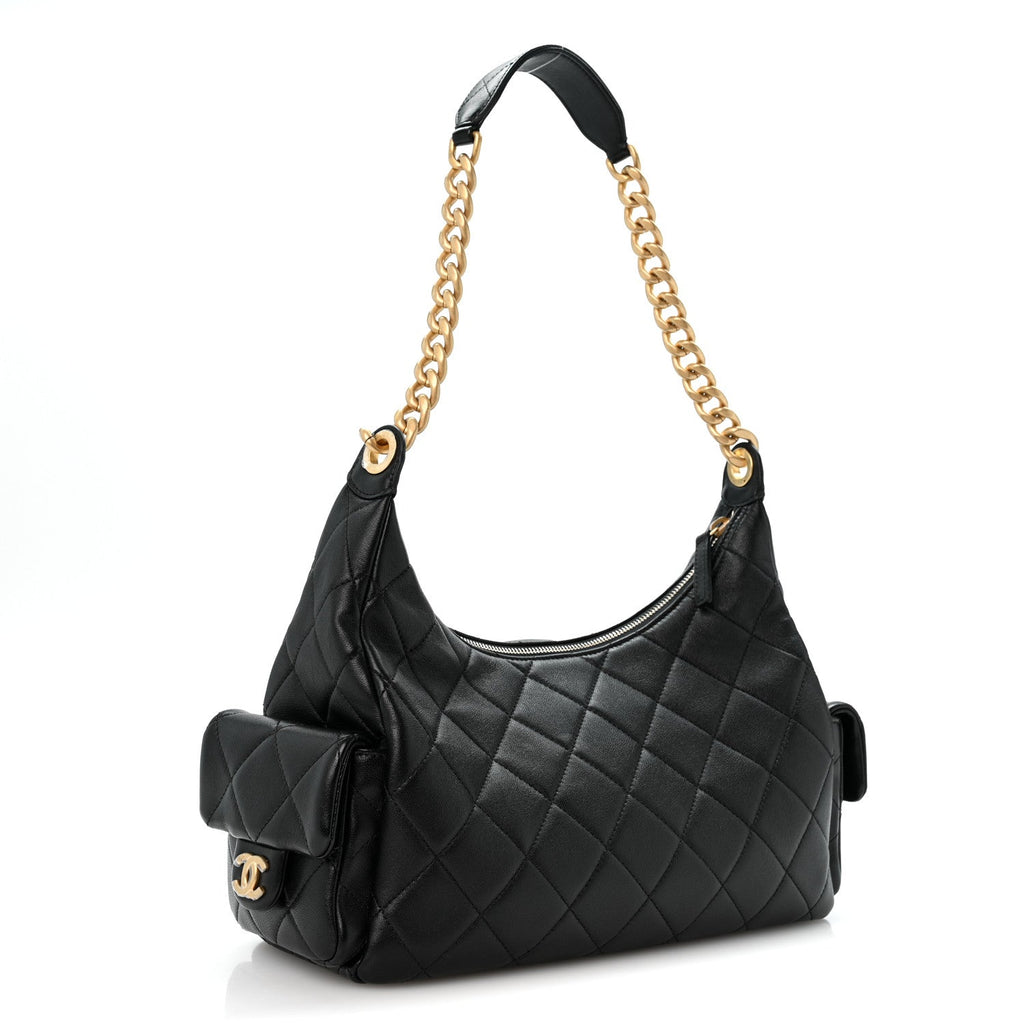 Shiny Lambskin Quilted Trendy Pockets Hobo Black