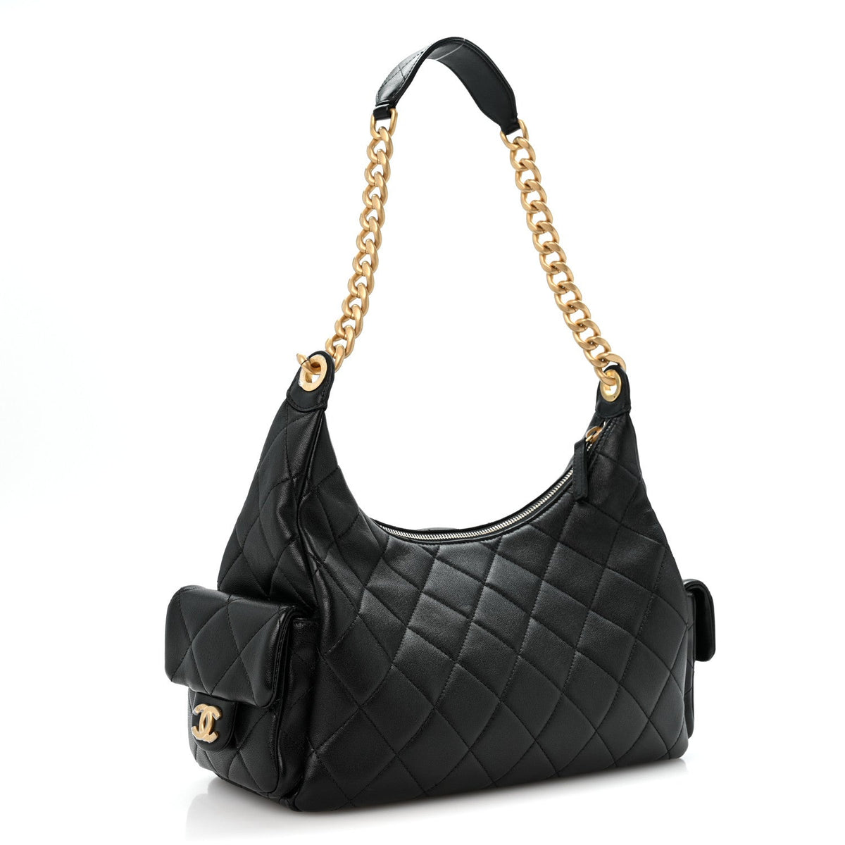 Shiny Lambskin Quilted Trendy Pockets Hobo Black