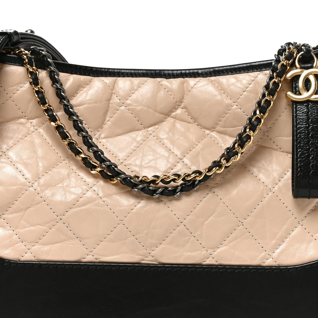 Aged Calfskin Quilted Medium Gabrielle Hobo Beige Black