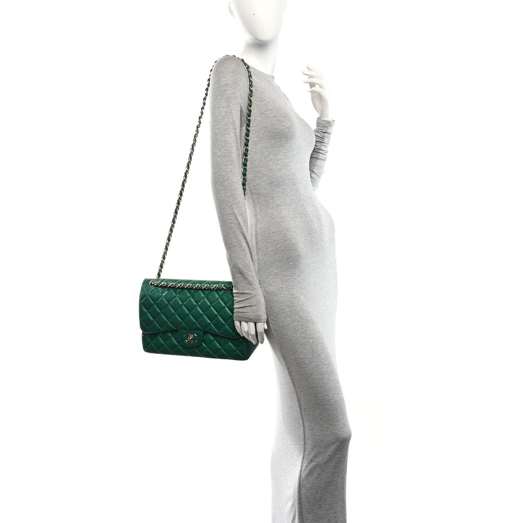 Metallic Caviar Quilted Jumbo Double Flap Green