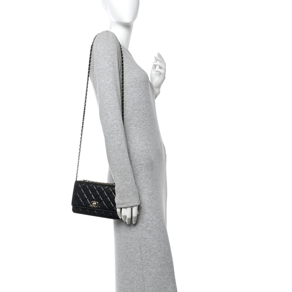 Lambskin Quilted Trendy CC Wallet On Chain WOC Black