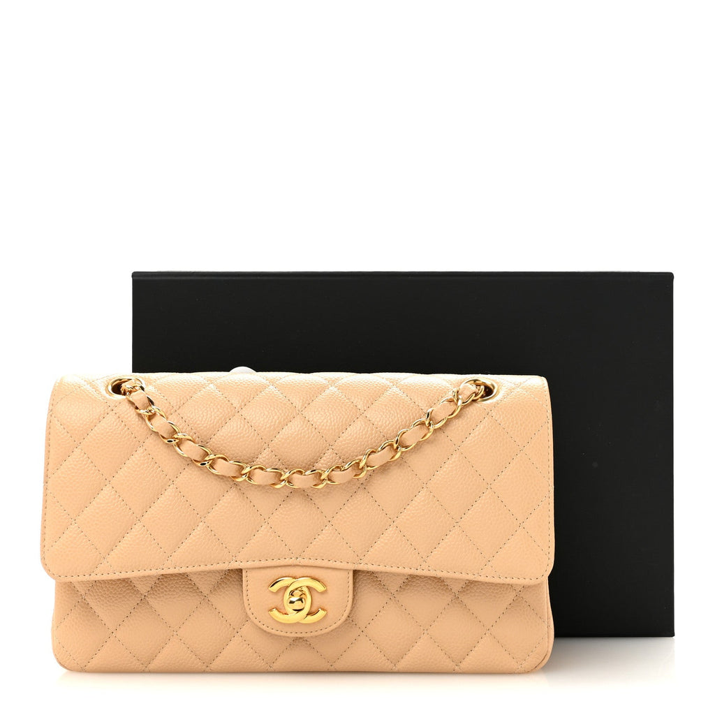 Caviar Quilted Medium Double Flap Beige