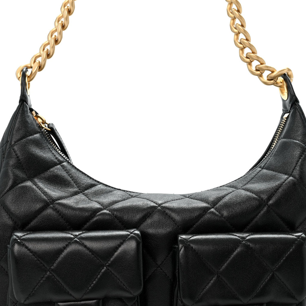 Shiny Lambskin Quilted Trendy Pockets Hobo Black