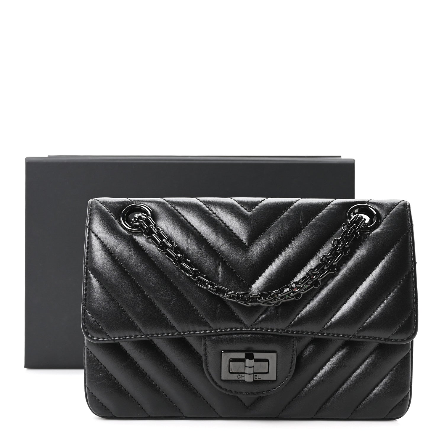 Aged Calfskin Chevron Quilted 2.55 Reissue Mini Flap So Black