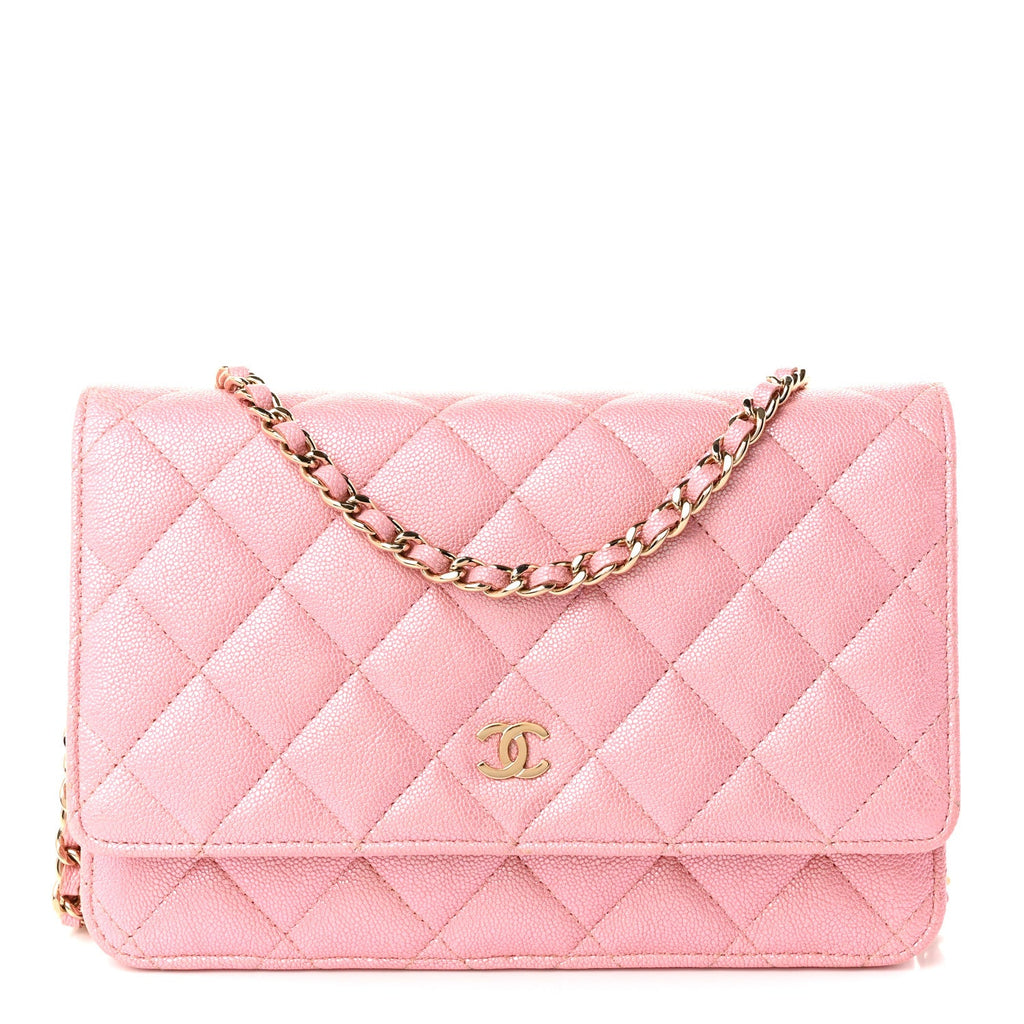 Iridescent Caviar Quilted Wallet on Chain WOC Rose Pink