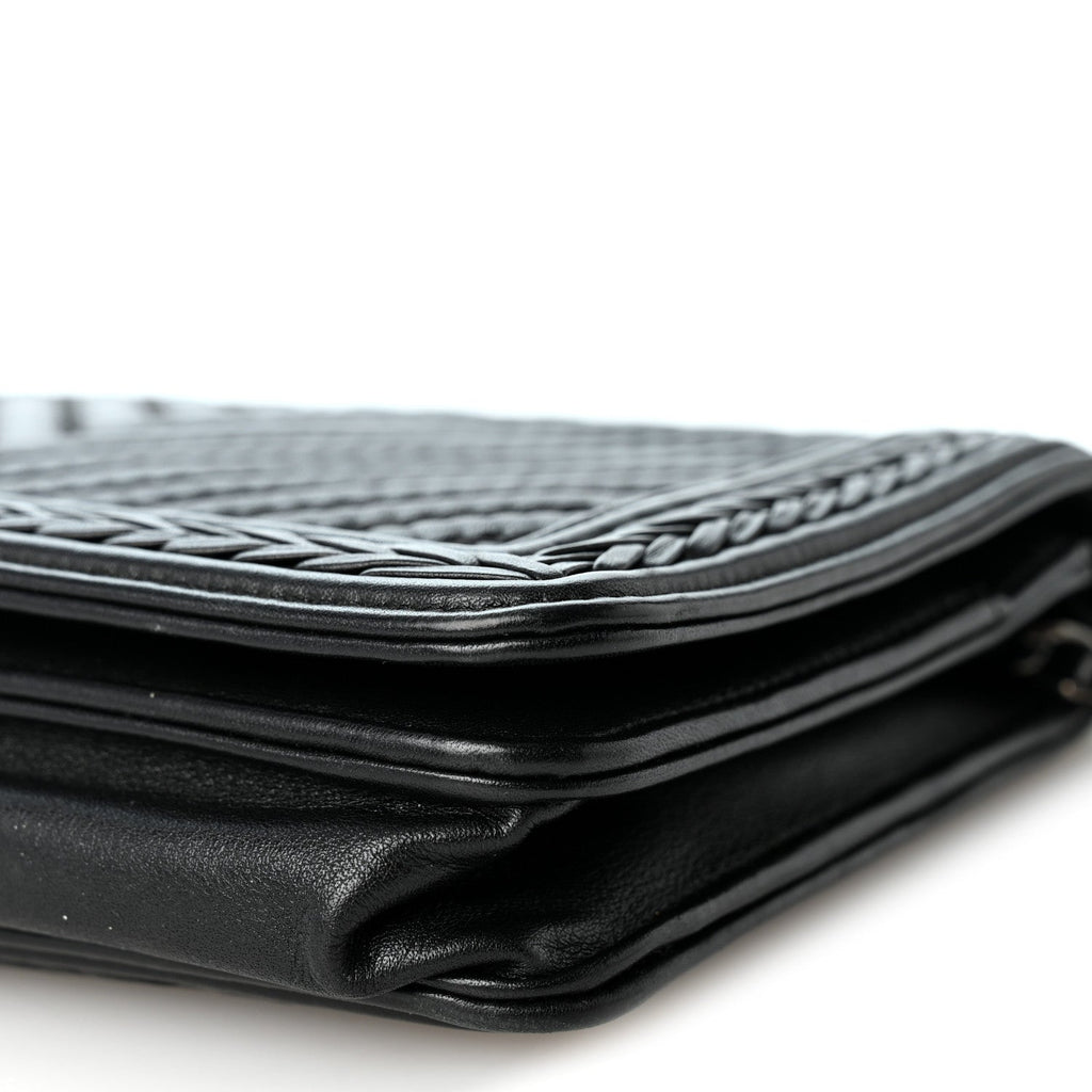 Calfskin Chevron Quilted Braided Boy Wallet On Chain WOC Black