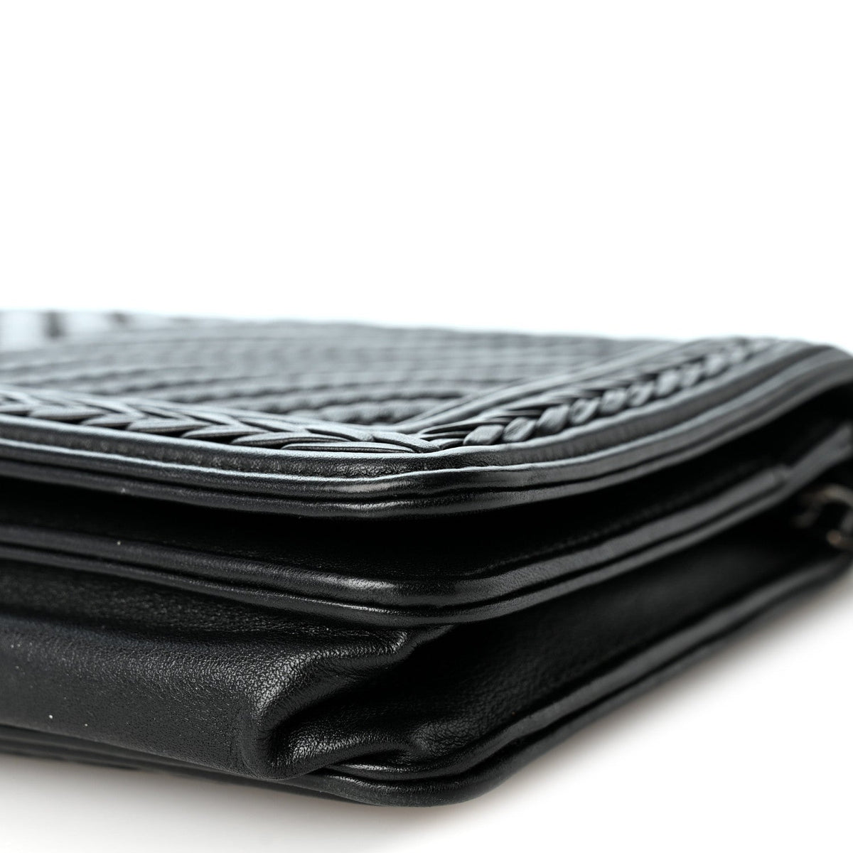 Calfskin Chevron Quilted Braided Boy Wallet On Chain WOC Black