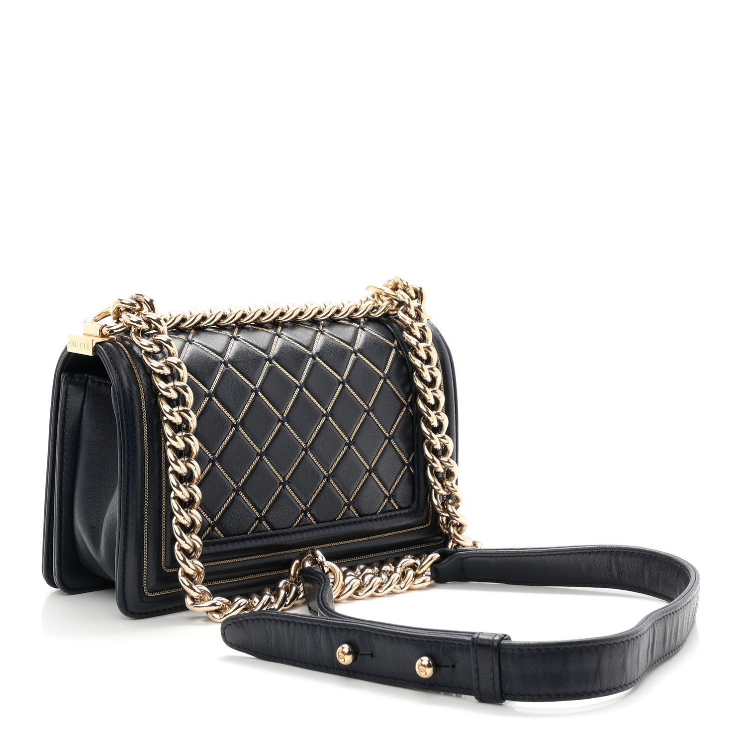Lambskin Chain Quilted Small Boy Flap Navy