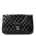 Crumpled Patent Quilted Medium Double Flap Black