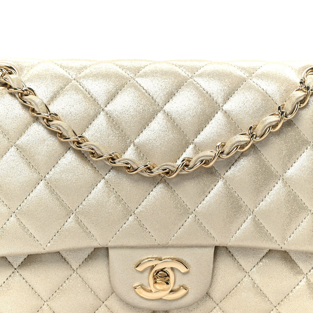 Metallic Canvas Quilted Medium Double Flap Light Gold