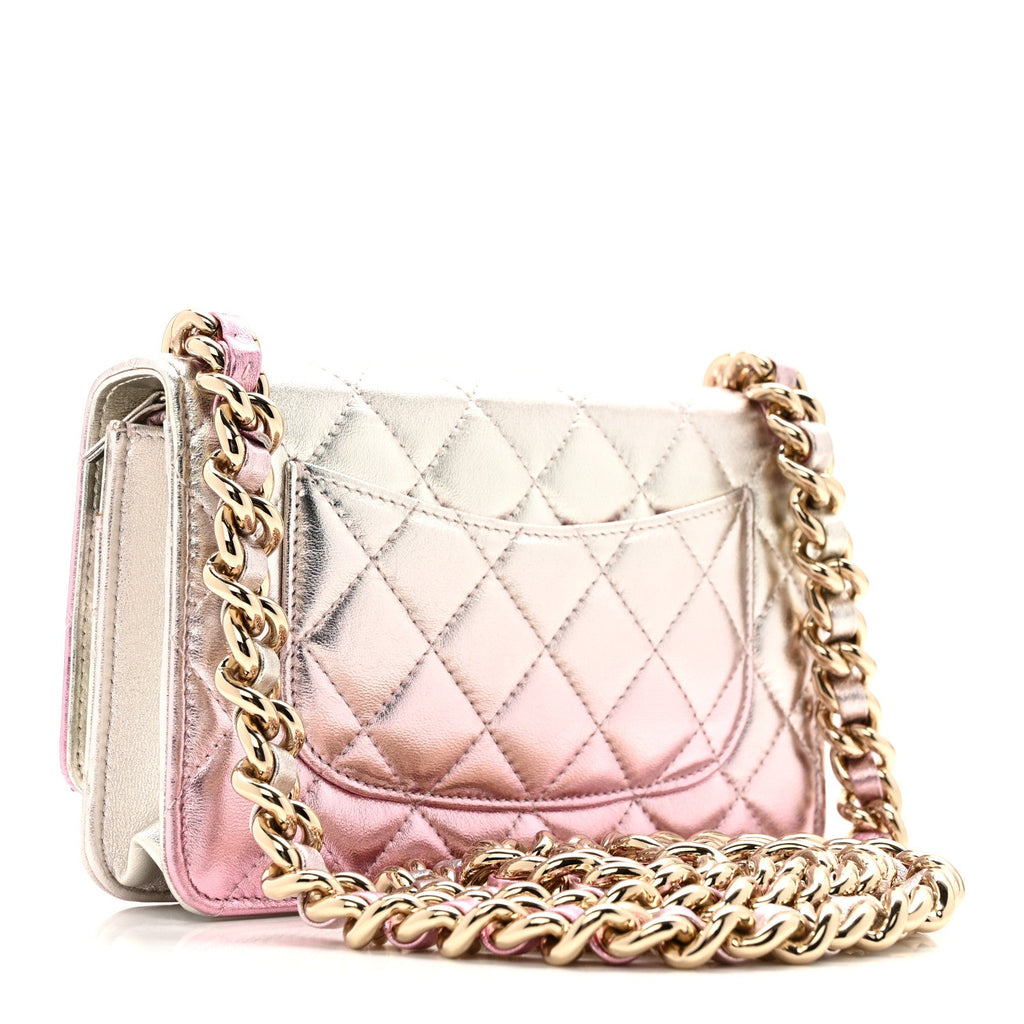 Gradient Metallic Lambskin Quilted Like A Wallet Wallet On Chain WOC Gold Pink