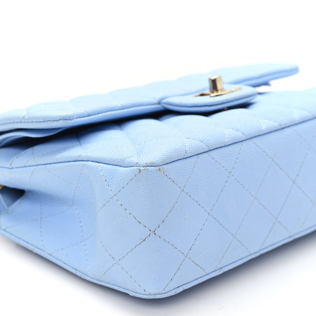 Caviar Quilted Small Double Flap Light Blue